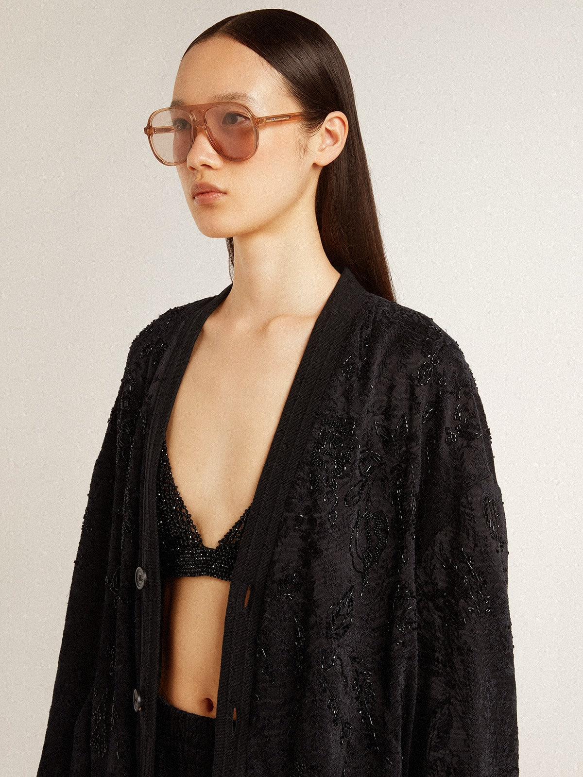 Women's black cardigan with tone-on-tone toile de jouy bead embroidery - Golden Goose Women