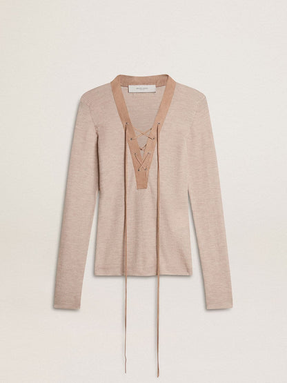 Beige wool sweater with leather details - Golden Goose Women