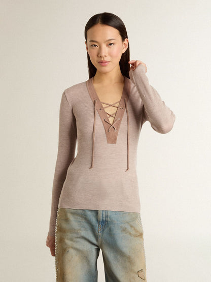Beige wool sweater with leather details - Golden Goose Women