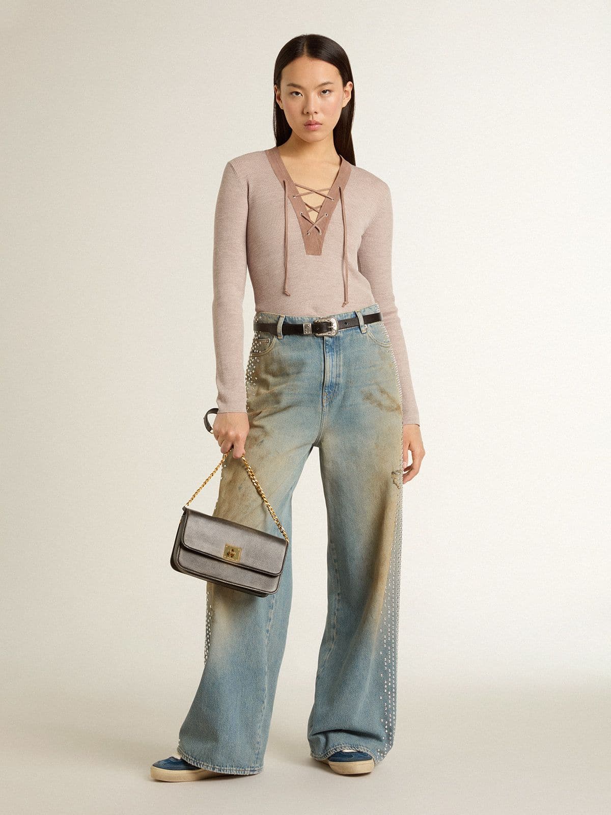 Beige wool sweater with leather details - Golden Goose Women