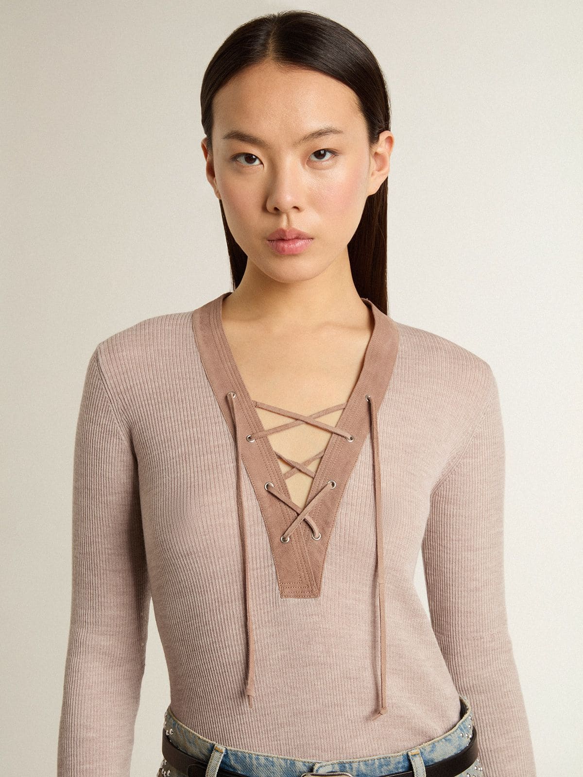 Beige wool sweater with leather details - Golden Goose Women