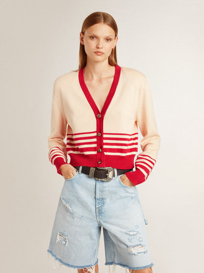 Women's cardigan in cream with red stripes - Golden Goose Women