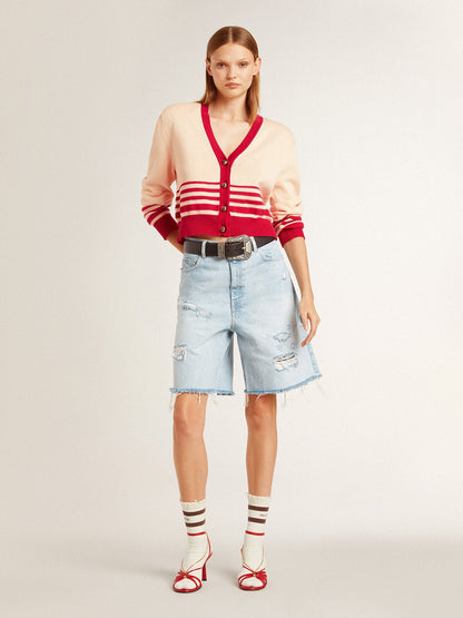 Women's cardigan in cream with red stripes - Golden Goose Women