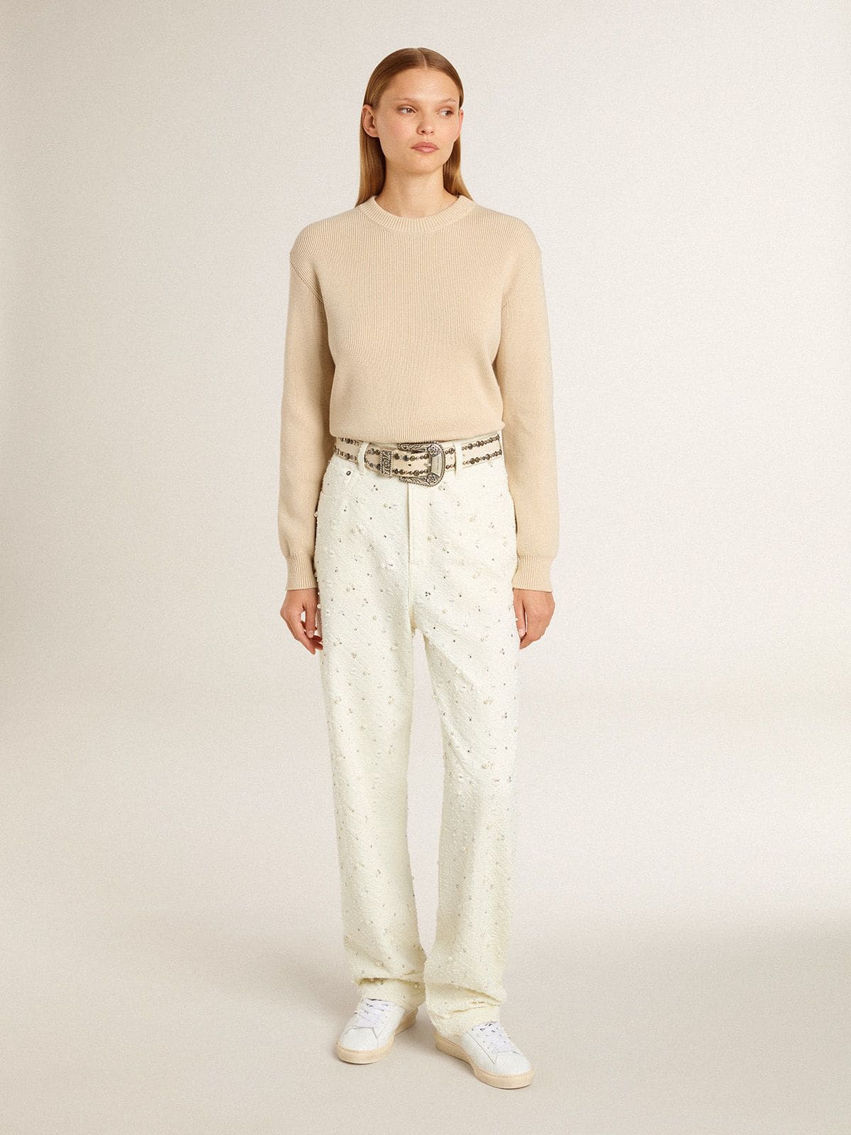 Women's beige sweater with 'Golden' lettering on the back - Golden Goose Women