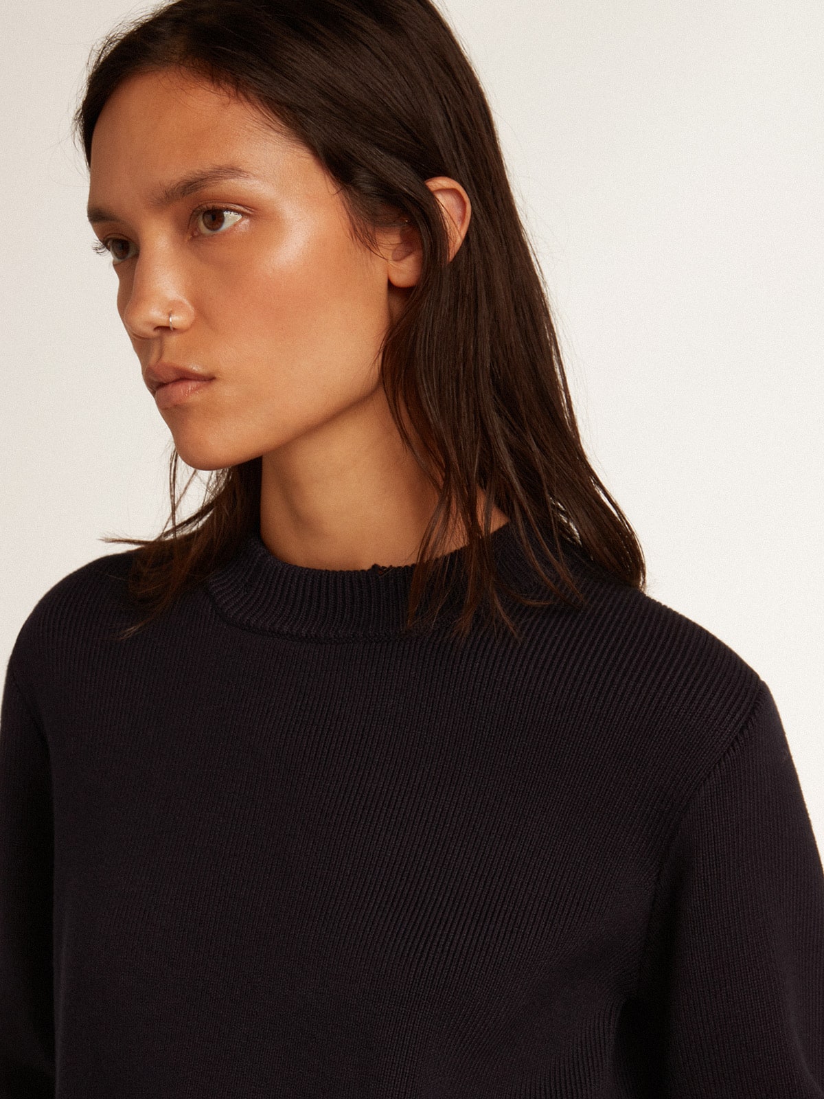 Women’s round-neck sweater in dark blue cotton - Golden Goose Women