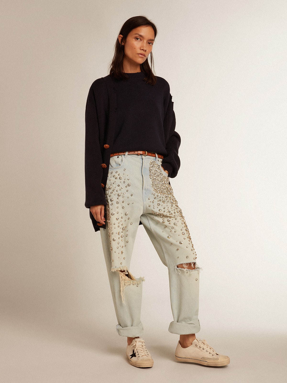Women’s round-neck sweater in dark blue cotton - Golden Goose Women