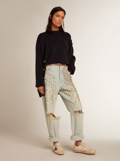 Women’s round-neck sweater in dark blue cotton - Golden Goose Women