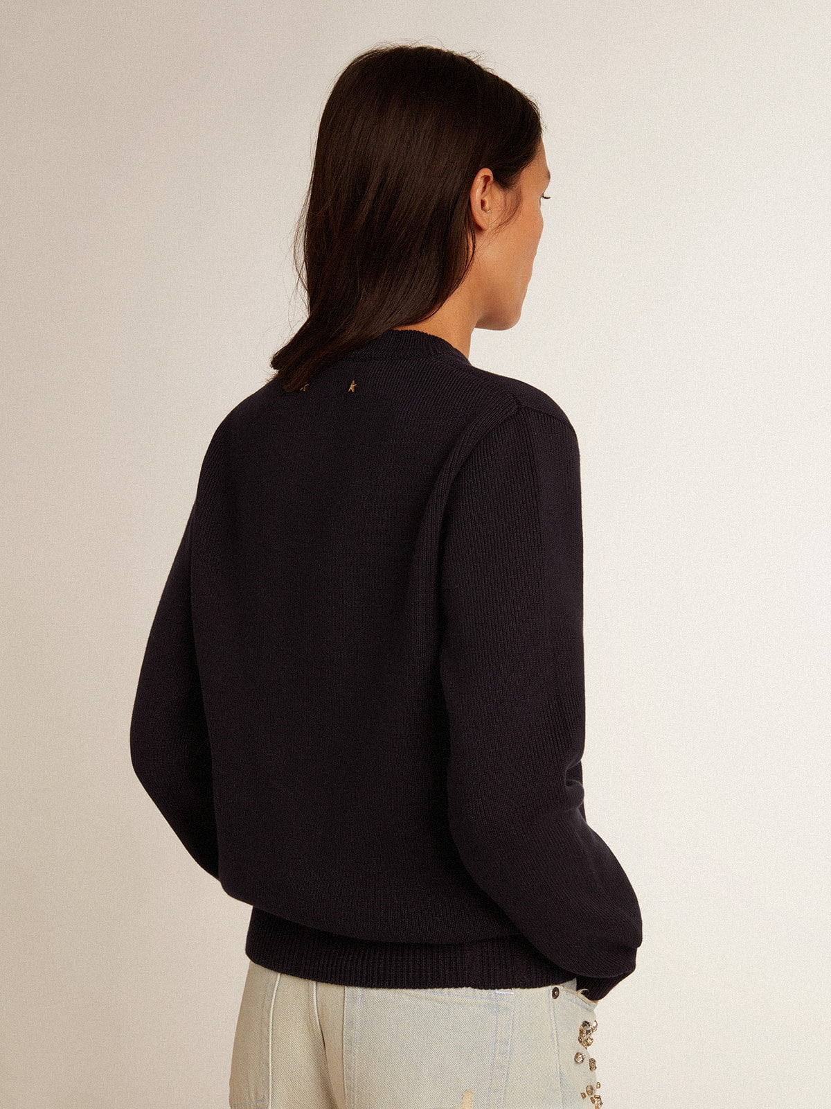 Women’s round-neck sweater in dark blue cotton - Golden Goose Women