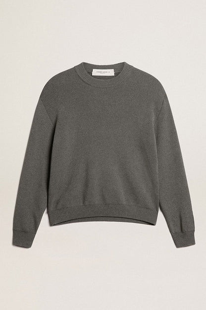 Women's round-neck sweater in dark gray cotton with logo on the back - Golden Goose Women