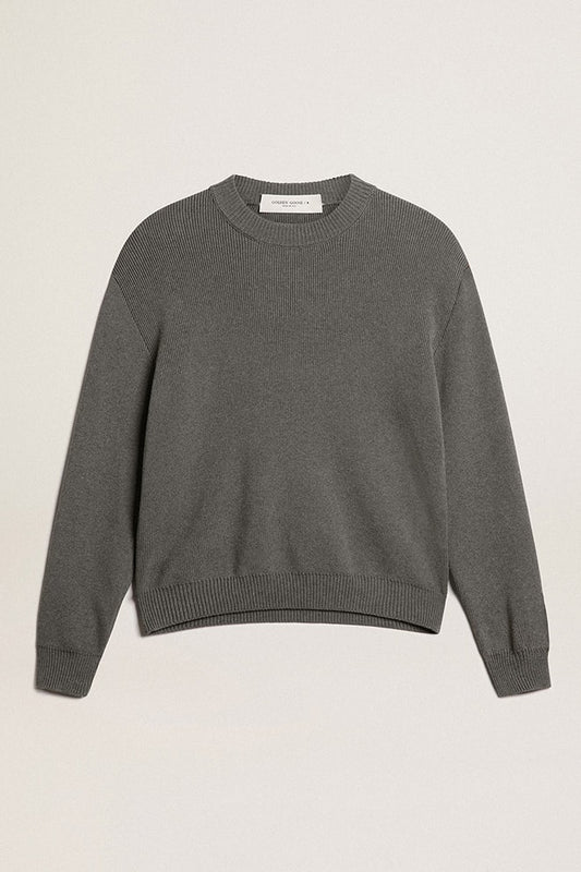 Women's round-neck sweater in dark gray cotton with logo on the back - Golden Goose Women
