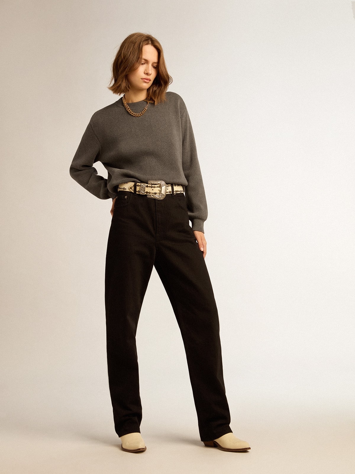 Women's round-neck sweater in dark gray cotton with logo on the back - Golden Goose Women