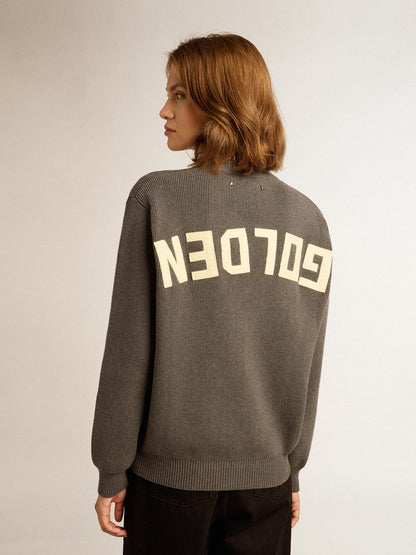 Women's round-neck sweater in dark gray cotton with logo on the back - Golden Goose Women