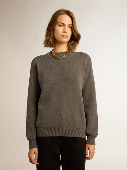 Women's round-neck sweater in dark gray cotton with logo on the back - Golden Goose Women
