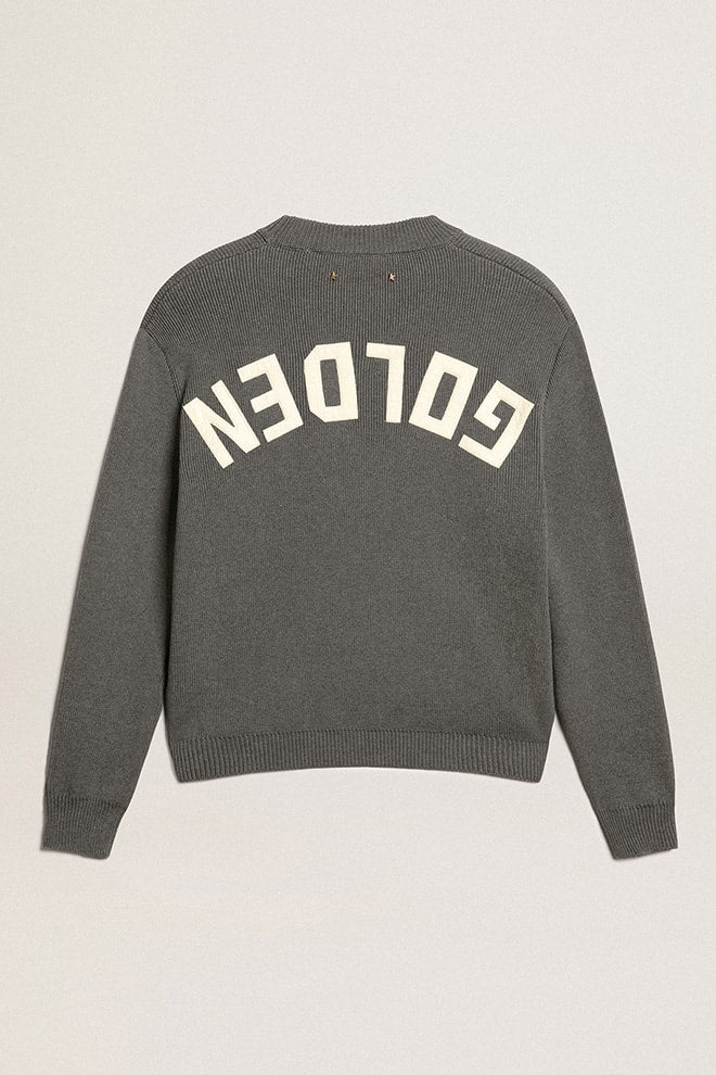 Women's round-neck sweater in dark gray cotton with logo on the back - Golden Goose Women