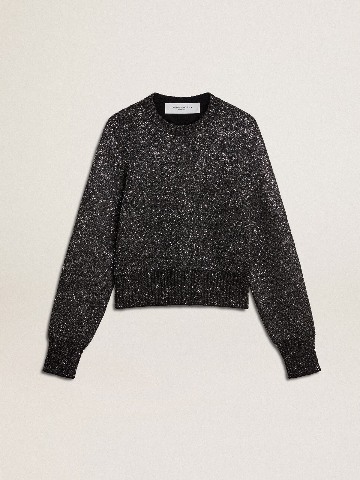 Women's black wool blend cropped sweater with all-over sequins - Golden Goose Women
