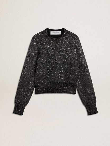 Women's black wool blend cropped sweater with all-over sequins - Golden Goose Women