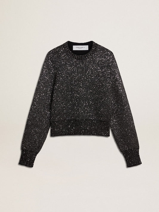 Women's black wool blend cropped sweater with all-over sequins - Golden Goose Women