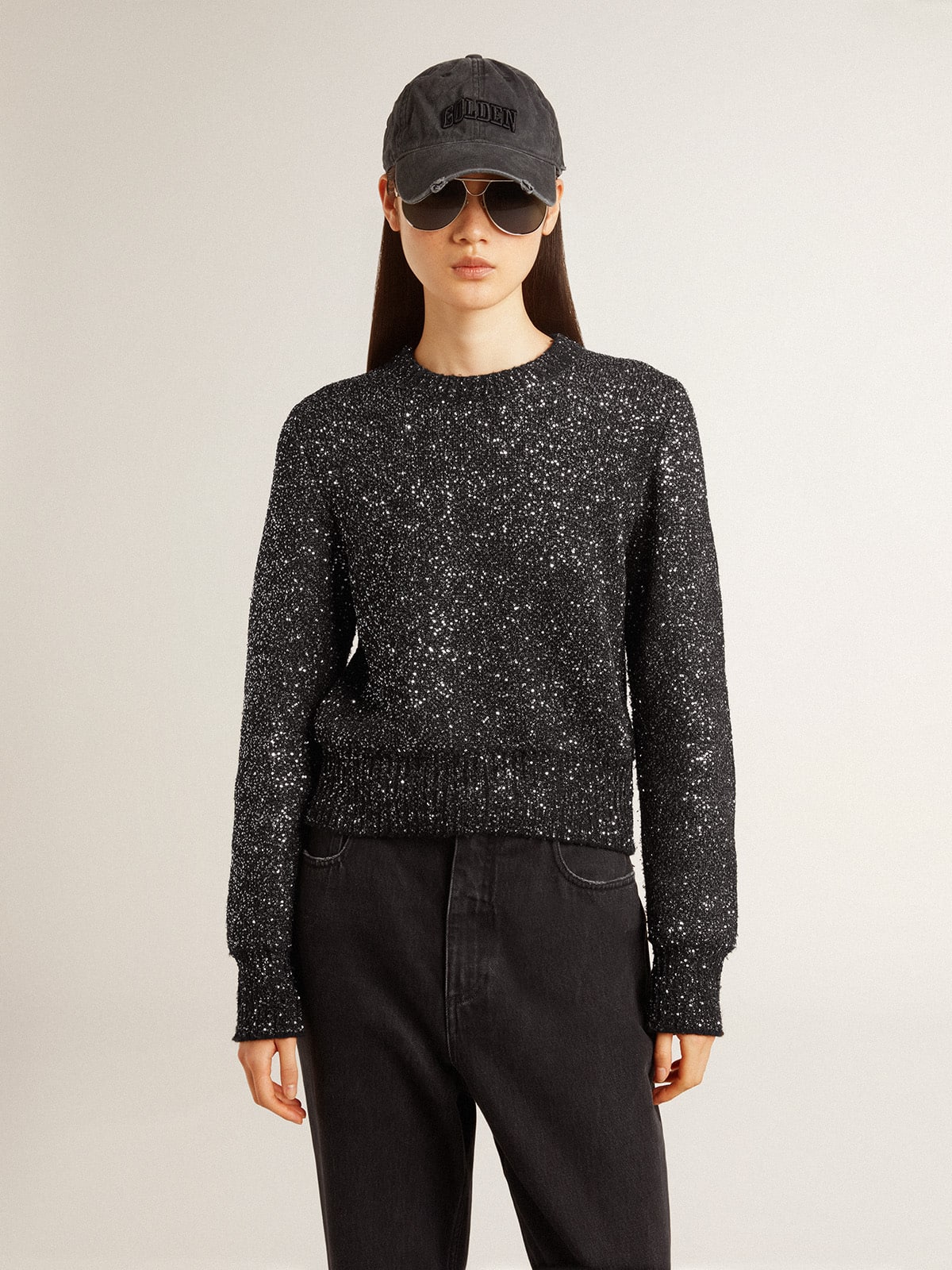 Women's black wool blend cropped sweater with all-over sequins - Golden Goose Women