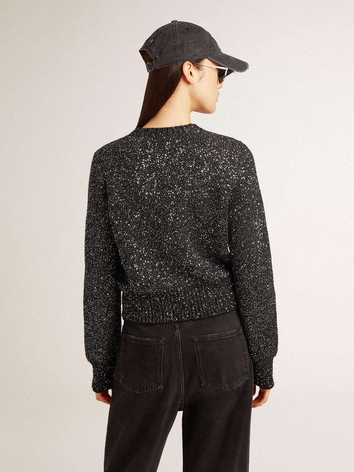 Women's black wool blend cropped sweater with all-over sequins - Golden Goose Women
