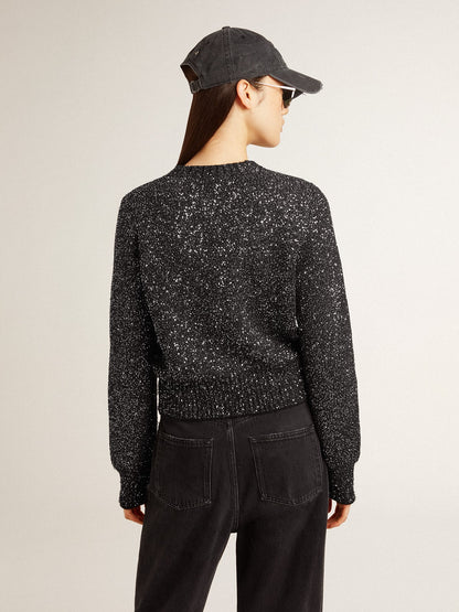 Women's black wool blend cropped sweater with all-over sequins - Golden Goose Women