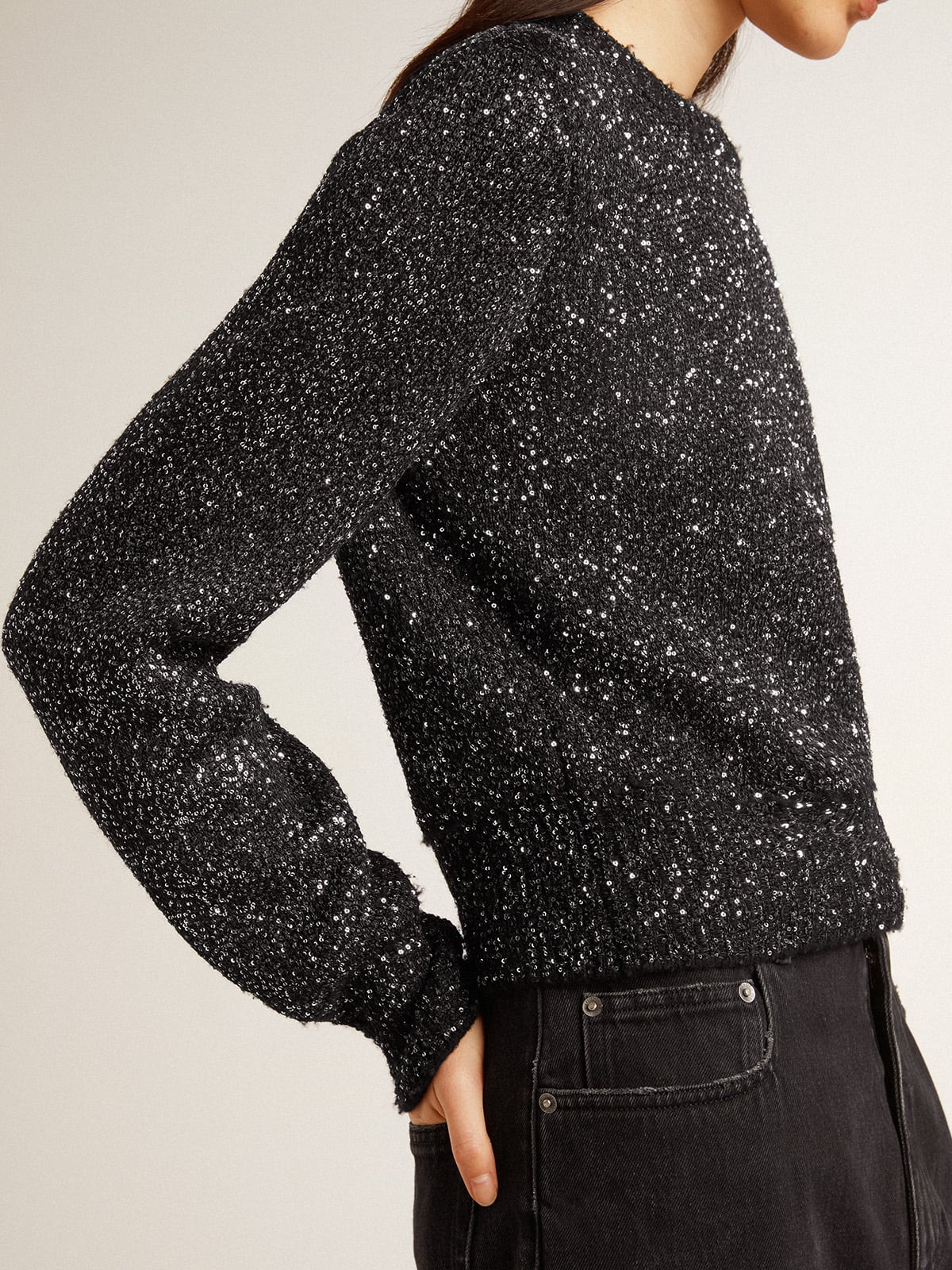 Women's black wool blend cropped sweater with all-over sequins - Golden Goose Women