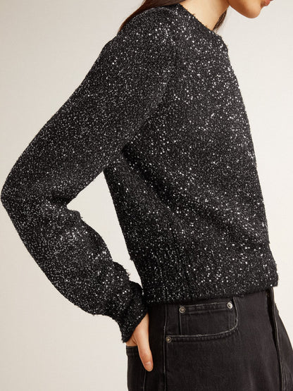 Women's black wool blend cropped sweater with all-over sequins - Golden Goose Women