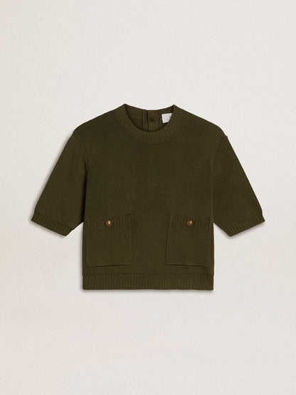 Women's short-sleeved sweater in military-green cotton - Golden Goose Women