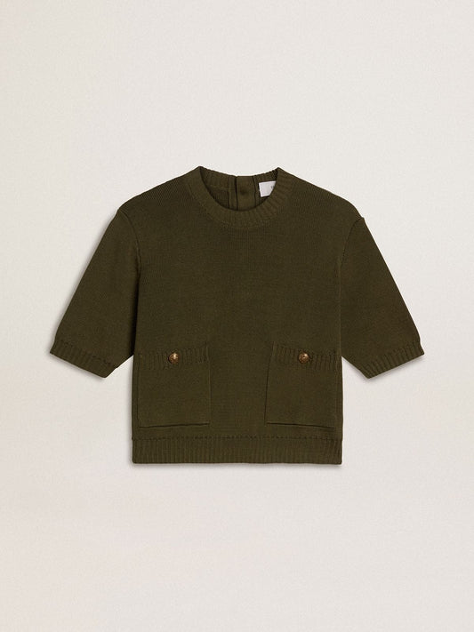 Women's short-sleeved sweater in military-green cotton - Golden Goose Women