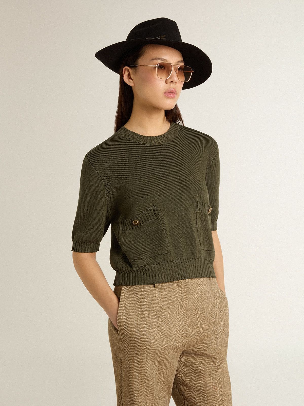 Women's short-sleeved sweater in military-green cotton - Golden Goose Women