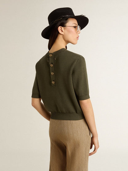 Women's short-sleeved sweater in military-green cotton - Golden Goose Women