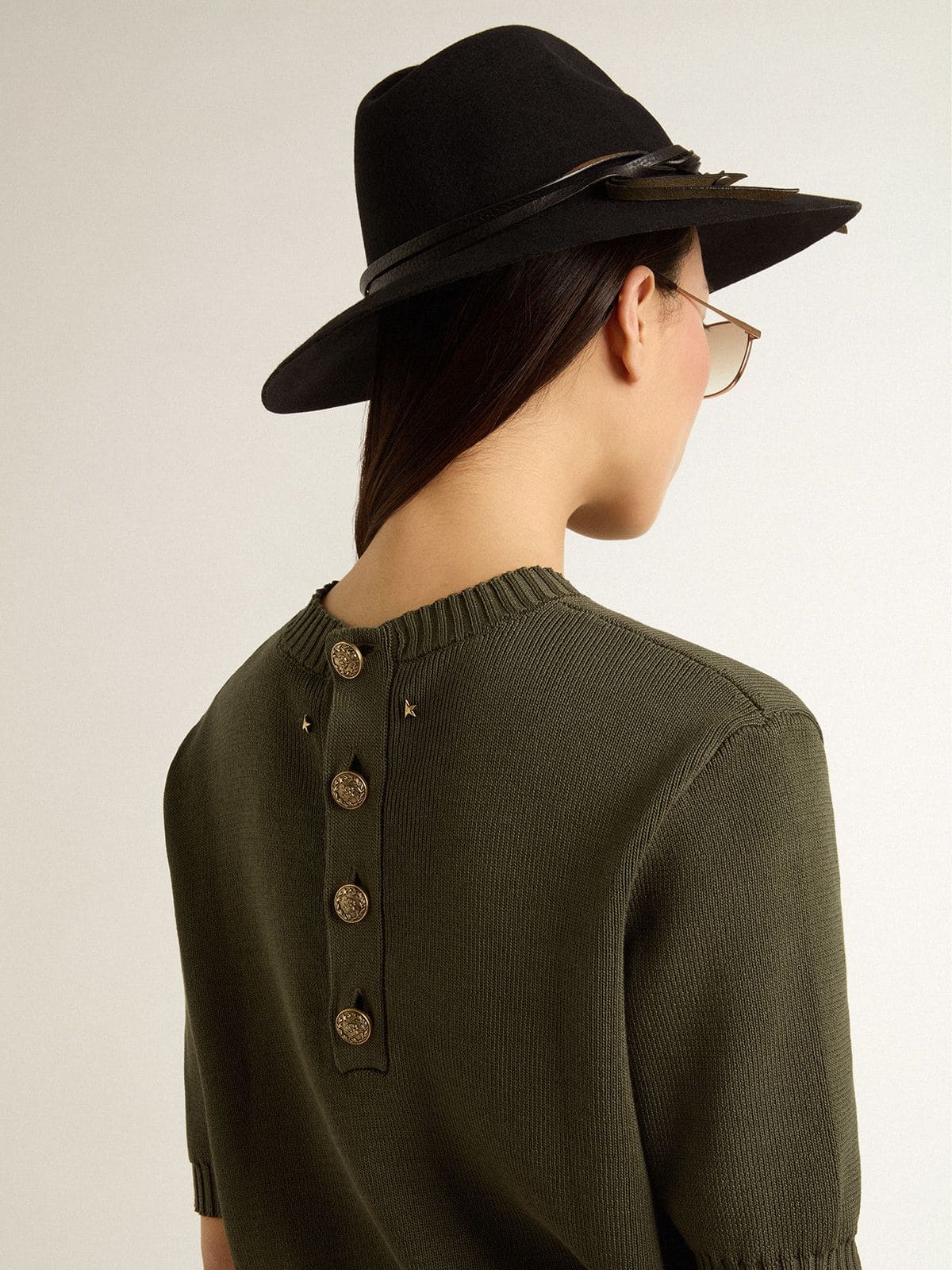 Women's short-sleeved sweater in military-green cotton - Golden Goose Women