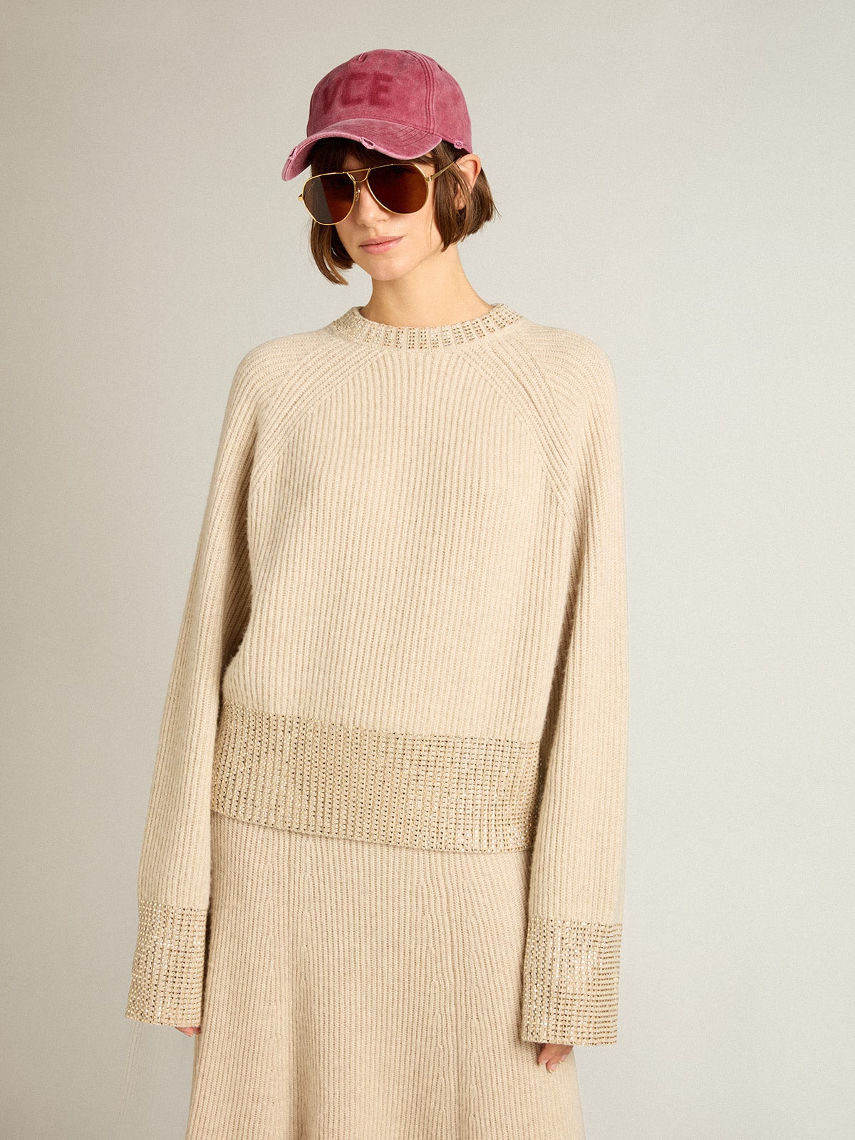 Women's boxy sweater in wool with hotfix crystal decoration - Golden Goose Women