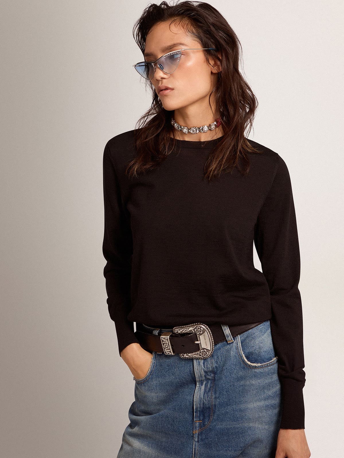 Women's round-neck sweater in black wool - Golden Goose Women