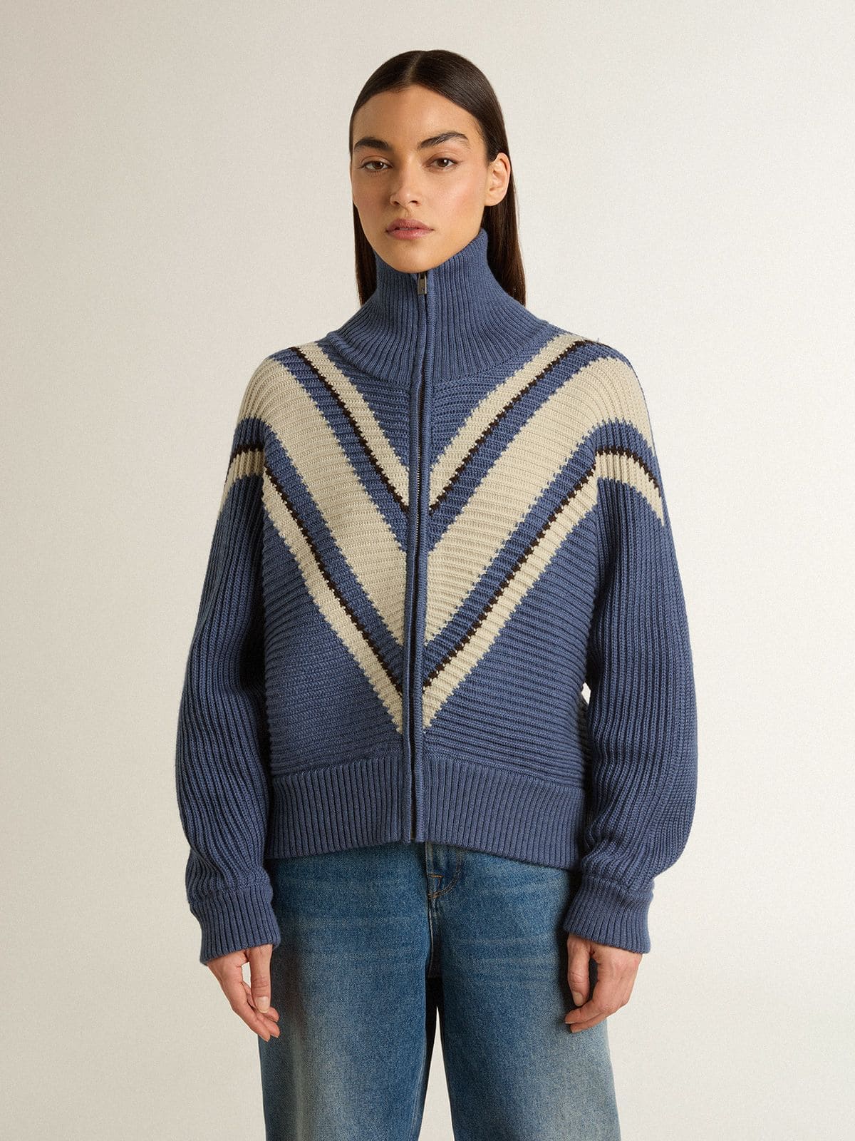 Women's light blue jacquard wool sweater with cream-colored pattern - Golden Goose Women