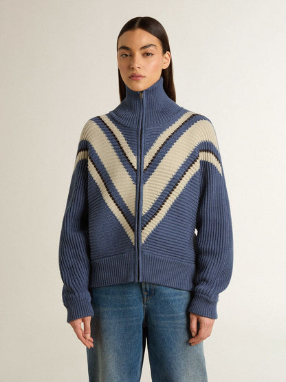 Women's light blue jacquard wool sweater with cream-colored pattern - Golden Goose Women
