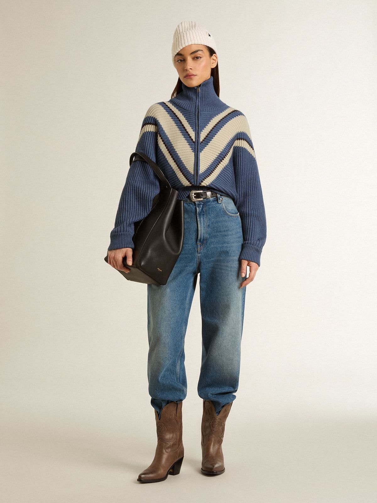 Women's light blue jacquard wool sweater with cream-colored pattern - Golden Goose Women