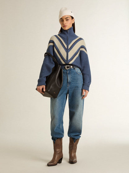 Women's light blue jacquard wool sweater with cream-colored pattern - Golden Goose Women