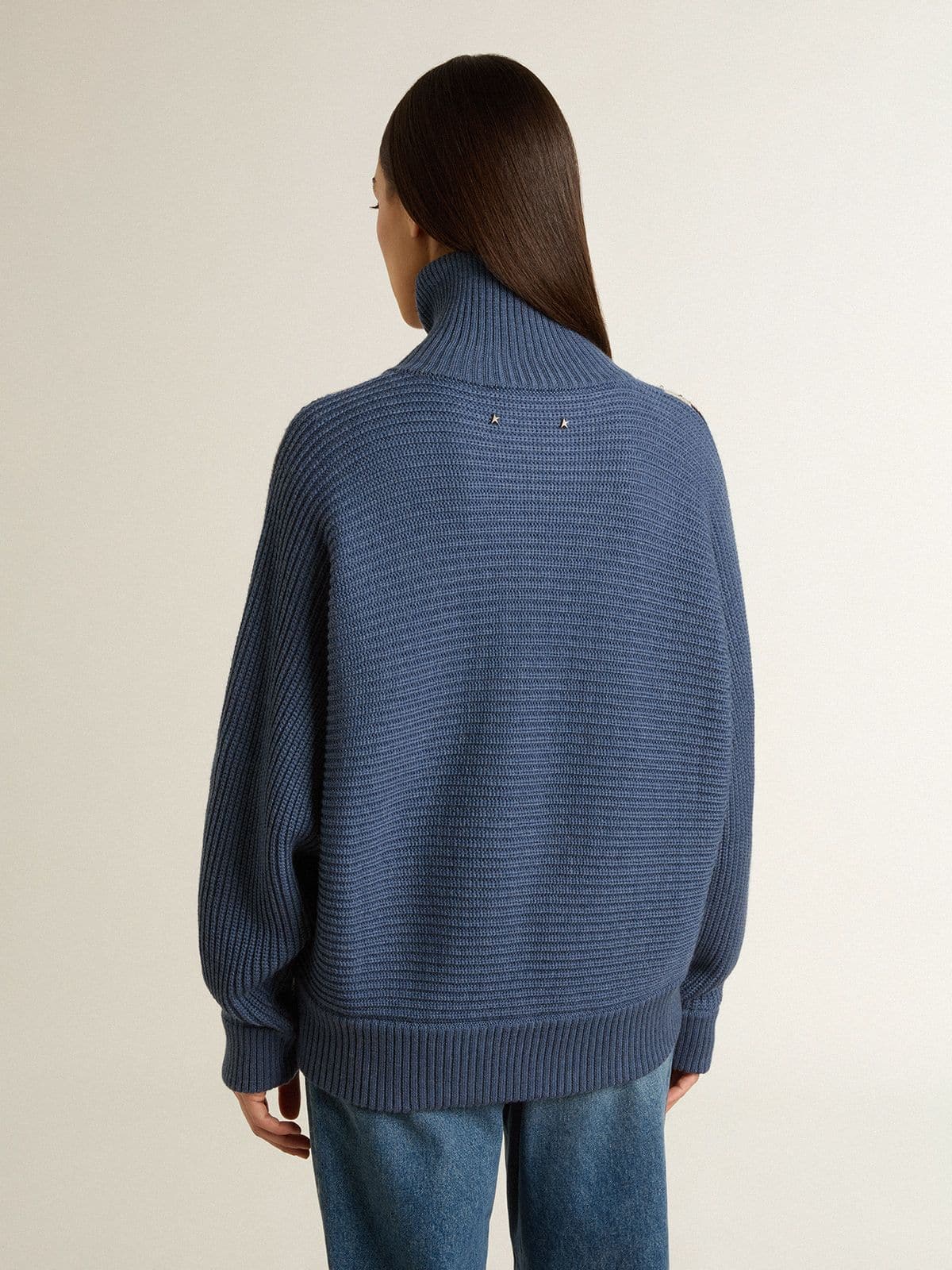 Women's light blue jacquard wool sweater with cream-colored pattern - Golden Goose Women