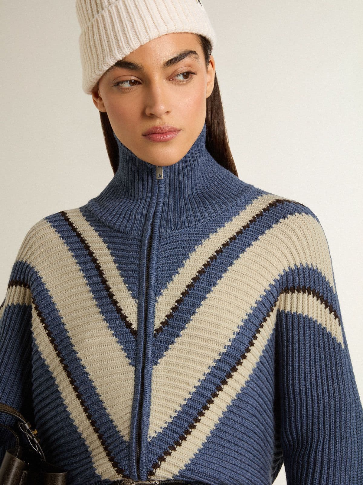 Women's light blue jacquard wool sweater with cream-colored pattern - Golden Goose Women