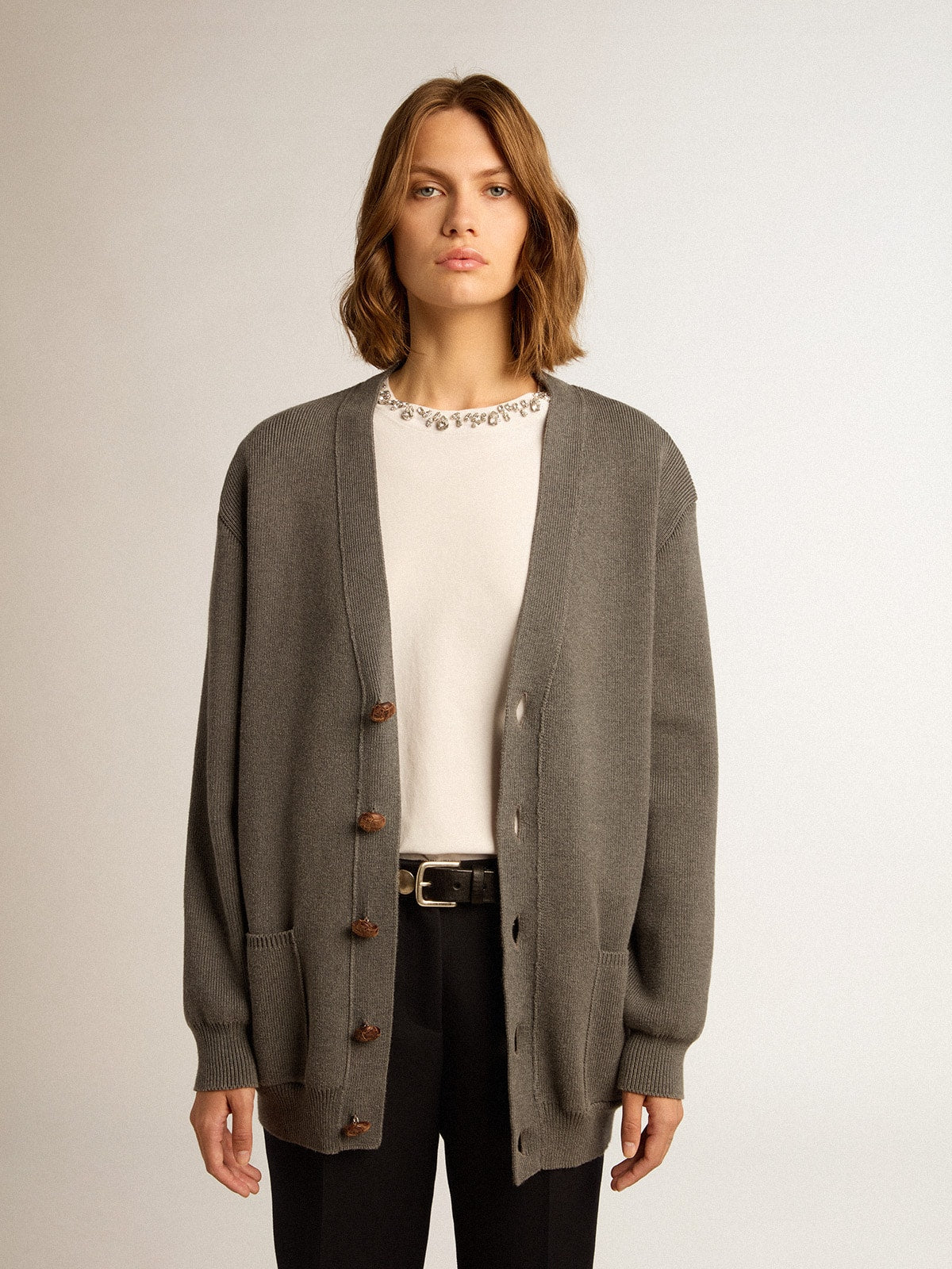 Women's grey cotton cardigan with buttons | Golden Goose - Golden Goose Women