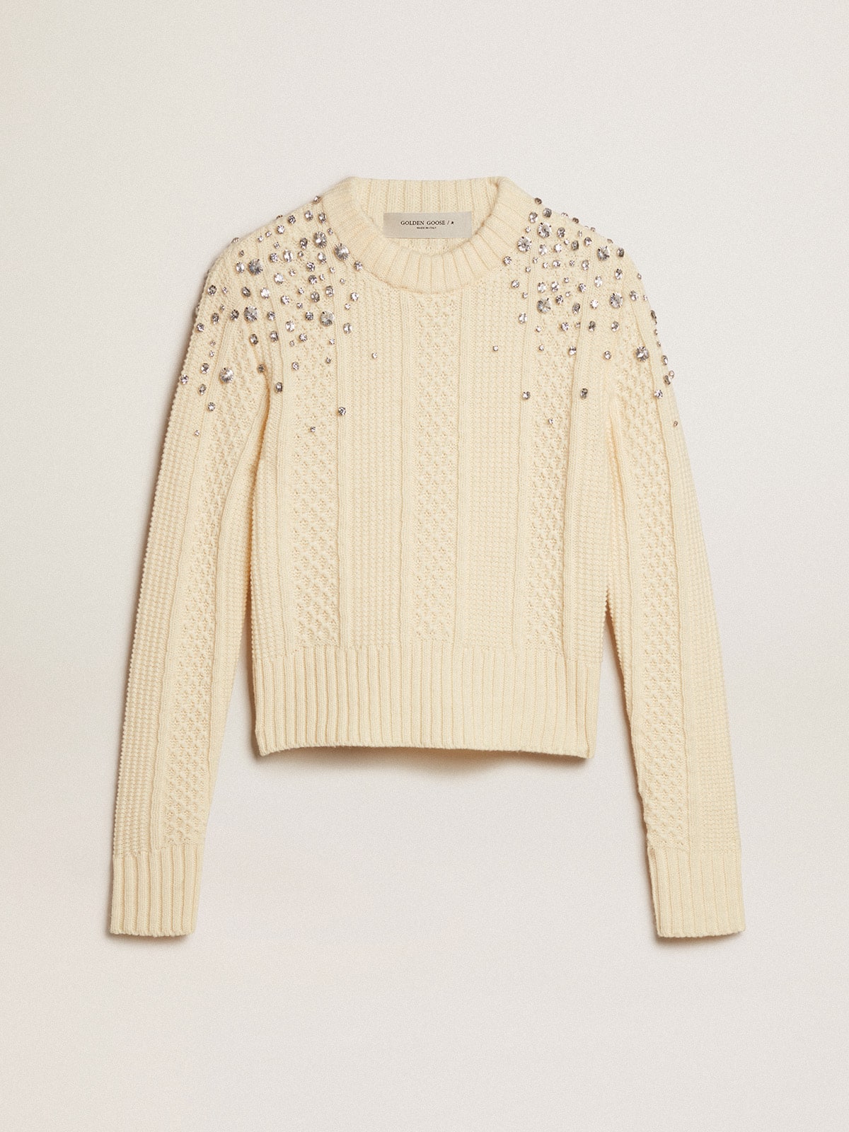 Women's cropped worn-white sweater with decorative crystals - Golden Goose Women