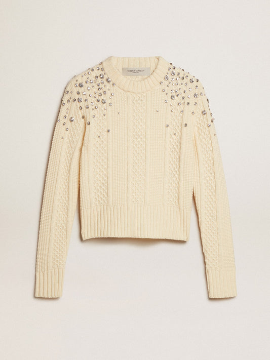 Women's cropped worn-white sweater with decorative crystals - Golden Goose Women