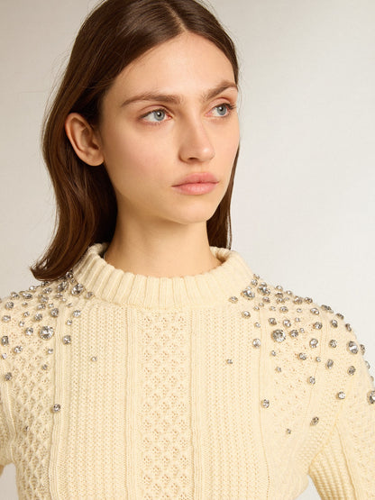 Women's cropped worn-white sweater with decorative crystals - Golden Goose Women