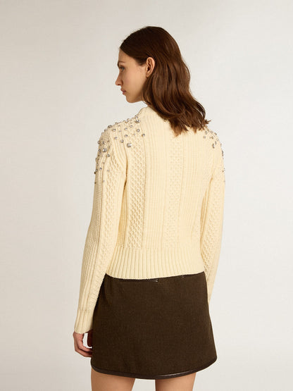 Women's cropped worn-white sweater with decorative crystals - Golden Goose Women