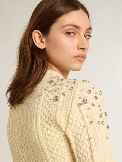 Women's cropped worn-white sweater with decorative crystals - Golden Goose Women