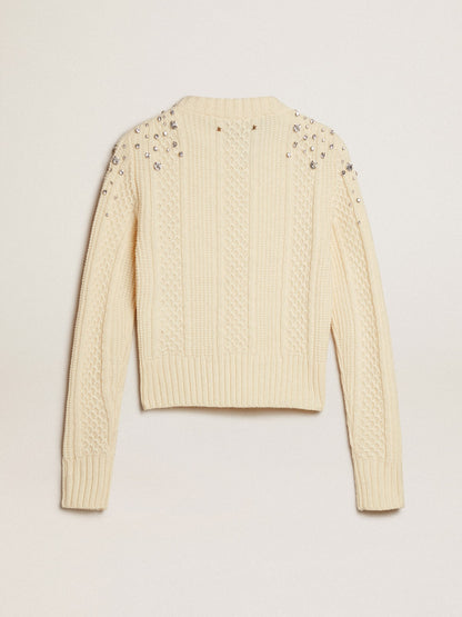 Women's cropped worn-white sweater with decorative crystals - Golden Goose Women