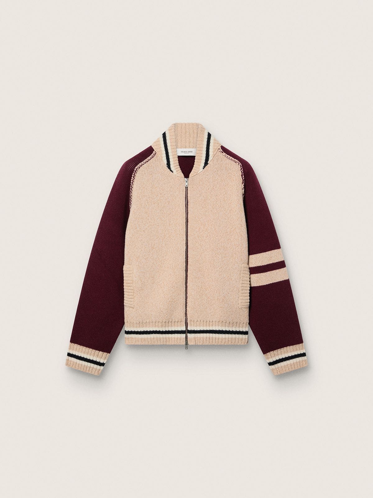 Unisex bomber jacket in white and burgundy jacquard knit - Golden Goose Women|Men