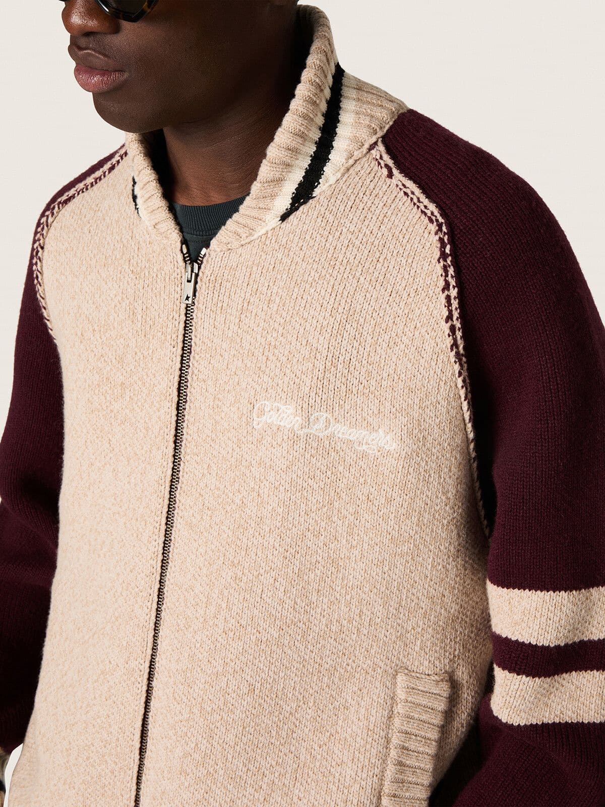 Unisex bomber jacket in white and burgundy jacquard knit - Golden Goose Women|Men