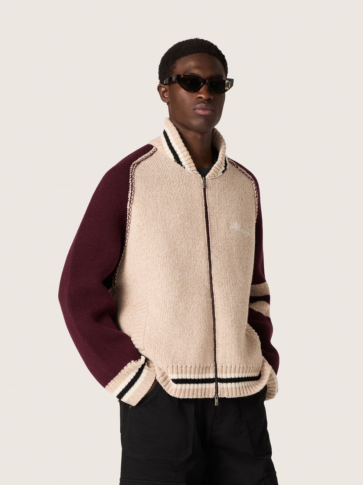 Unisex bomber jacket in white and burgundy jacquard knit - Golden Goose Women|Men