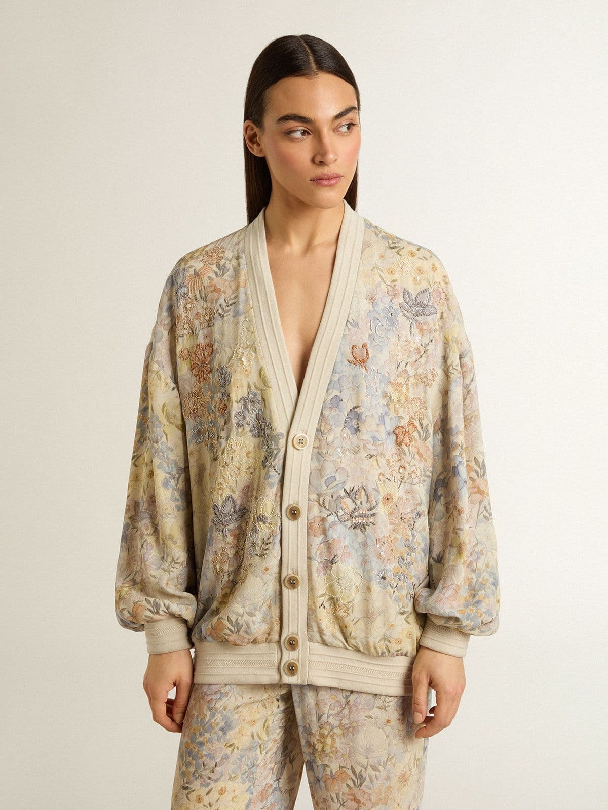 Women’s cardigan with floral print and embroidery - Golden Goose Women